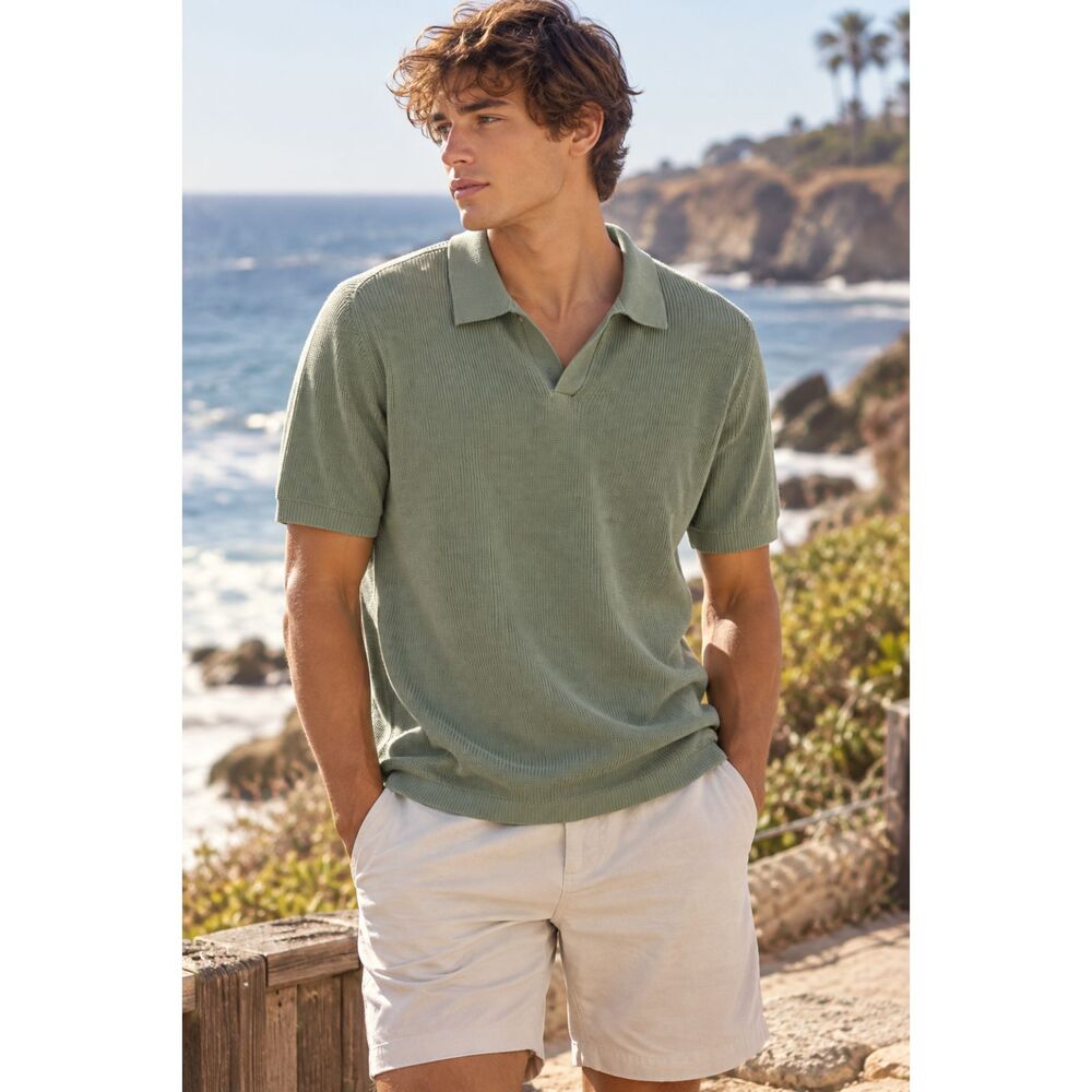 NWT Hollister Green Ribbed Knit Polo Shirt Top Mens Size Large